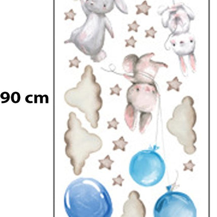 Wandsticker Konijntjes met Ballonnen - Blauw - Set Wanddecoratie voor Kinderkamer - 76x115 cm - Zelfklevende Muurstickers voor Peuterspeelzaal & Kinderkamer
