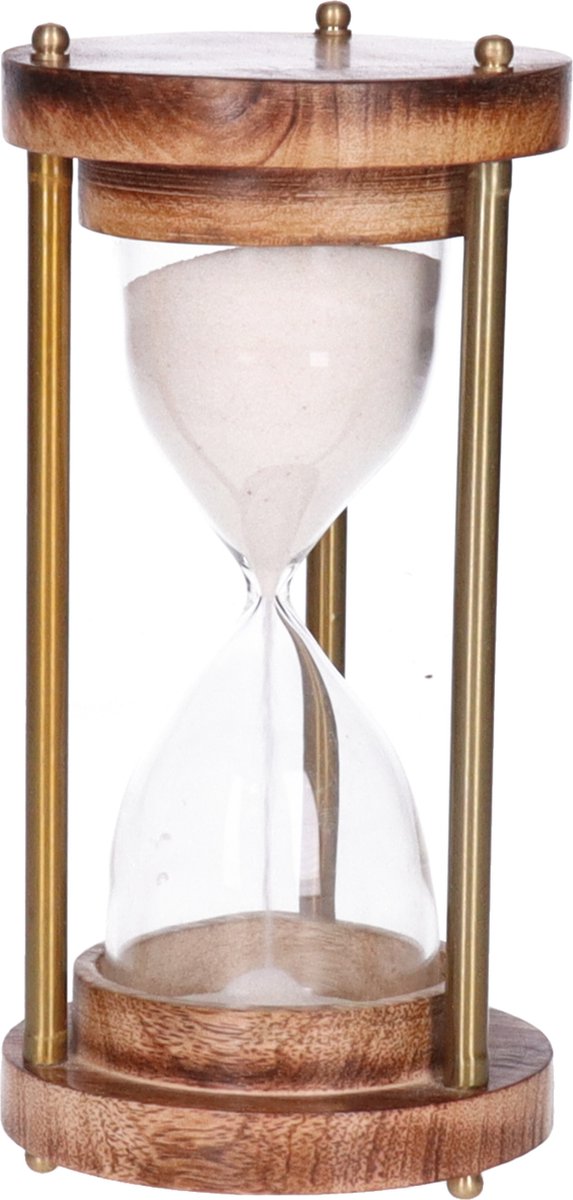 Atmosphera Zandloper cilinder - decoratie of tijdsmeting - 3.5 minuten wit zand - H16 cm - glas/mango hout