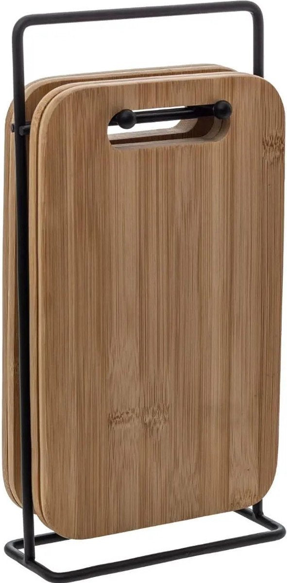 5Five Broodplankjes met houder - 4x stuks - 15 x 6,5 x 26 cm - bamboe hout met metaal - Snijplankjes