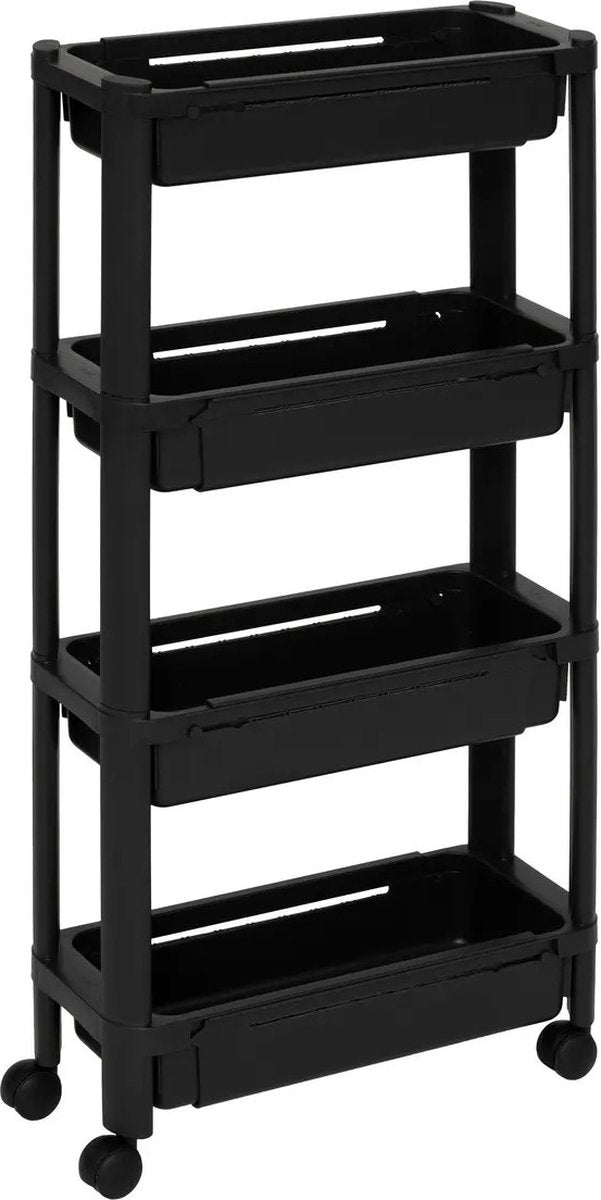 5Five Keuken/badkamer trolley 4 laags - L37 x B15 x H79 cm - zwart - PP kunststof - met wielen - opberg mandjes/bakjes