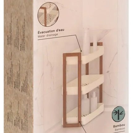 5Five Badkamer douche rekje - 3 laags - recht model - wit - kunststof/bamboe - 35 x 20 x 45 cm