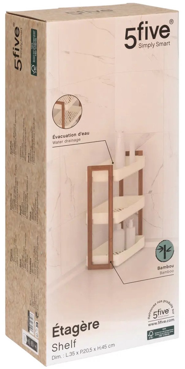 5Five Badkamer douche rekje - 3 laags - recht model - wit - kunststof/bamboe - 35 x 20 x 45 cm