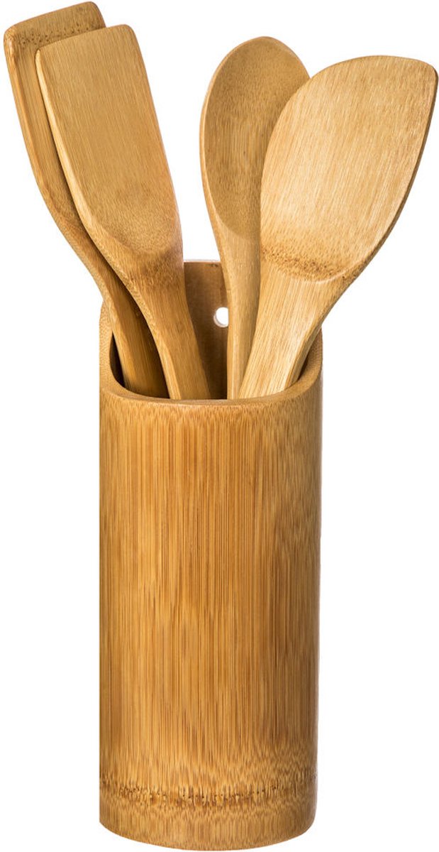 Keukengerei houder Set - 5 Delige keukengerei Set - Organizer rond - Spatel set + Houder- Bamboe Hout