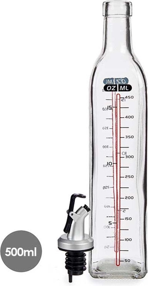 Vivalto Azijn/Olie fles met inhoud meter in ml - glas - met schenktuit - olijfolieflessen - 500 ml - afsluitbaar
