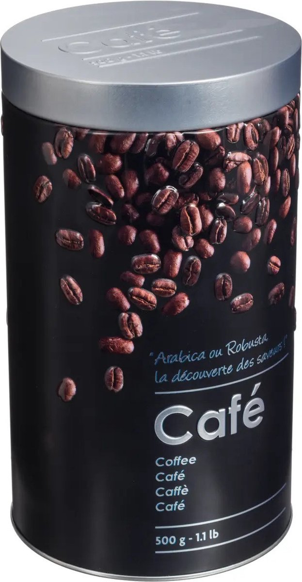 5Five Koffie bewaarblik - metaal - zwart/sfeer print - 11 x 19 cm - 500 gram - koffiebonen paths of cups