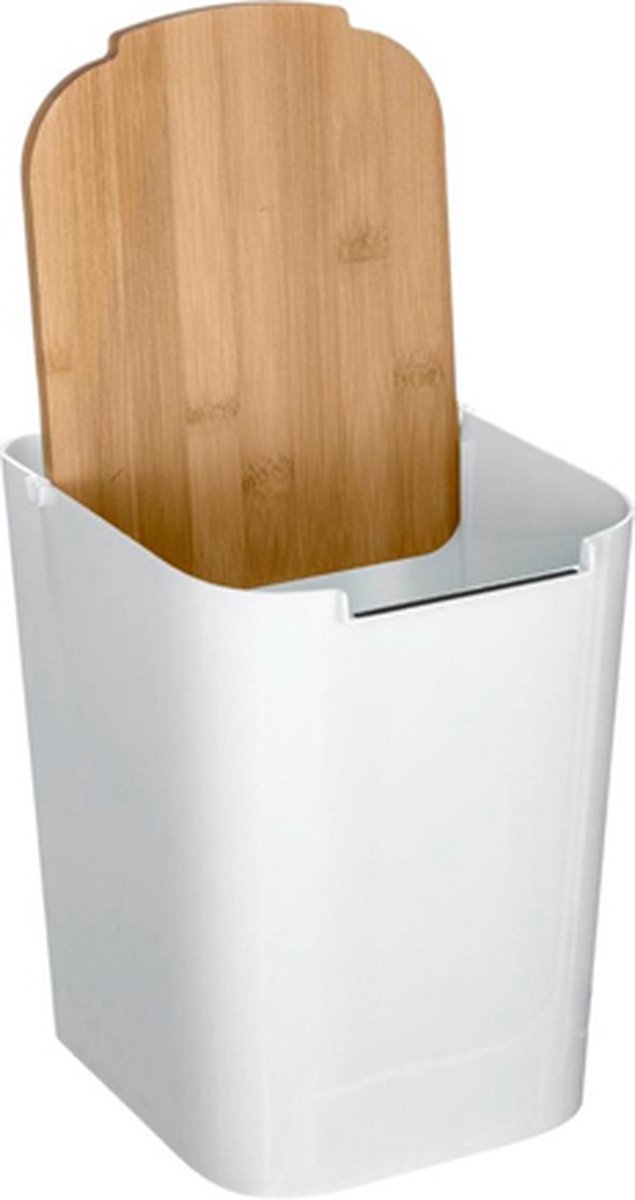 5Five prullenbak/vuilnisbak - 5 liter - bamboe - wit/lichtbruin - 24 x 19 cm - badkamer afvalbak