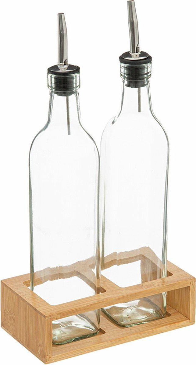 Secret de Gourmet Azijn/Olie flessen tafelset - glas/bamboe - transparant - olijfolieflessen