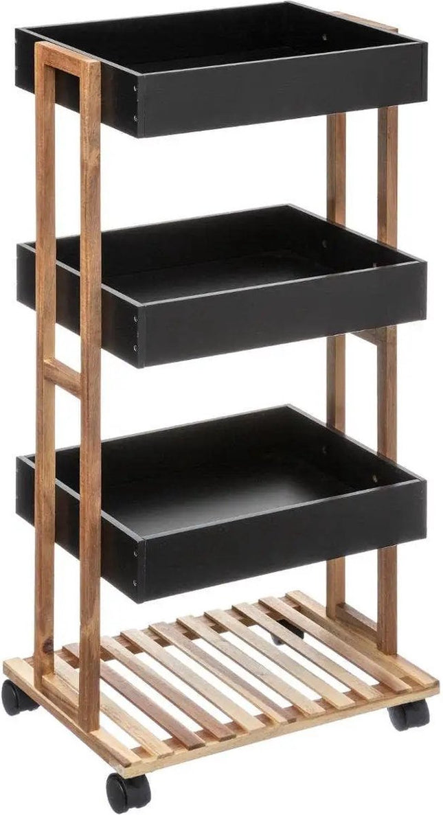 5Five Doucherekje/badkamerrekje/trolley - bamboe/zwart - 4 lagen - 40 x 30 x 87 cm
