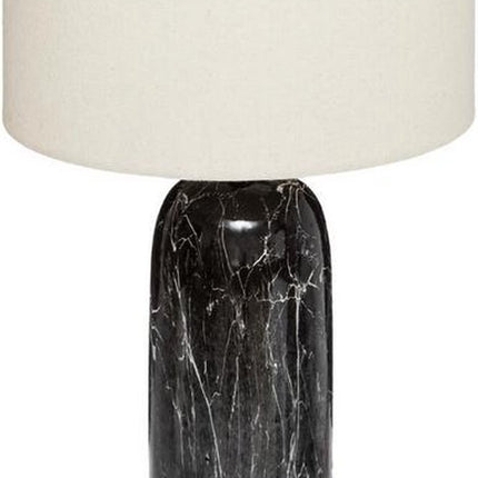 Tafellamp zwart marmereffect met hoge voet | hoogte 48 cm| cilinderlamp een met witte katoenen kap