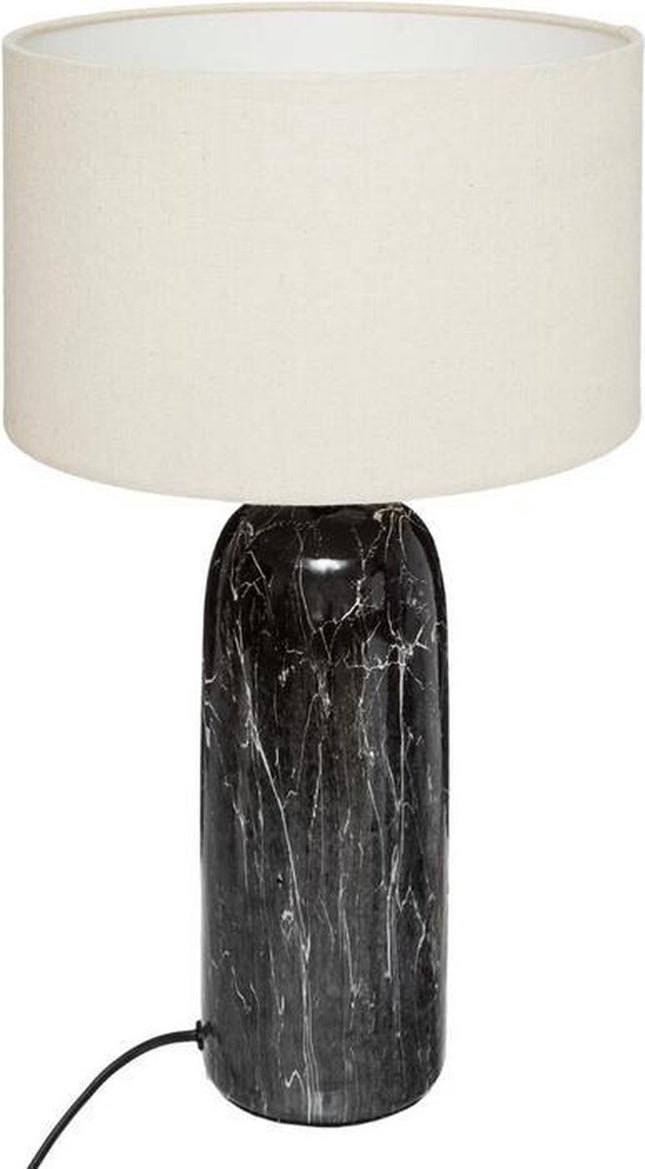 Tafellamp zwart marmereffect met hoge voet | hoogte 48 cm| cilinderlamp een met witte katoenen kap