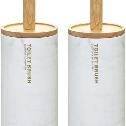 2x stuks 5five wc-/toiletborstel met houder - wit met marmer effect - kunststof/bamboe - 38 cm