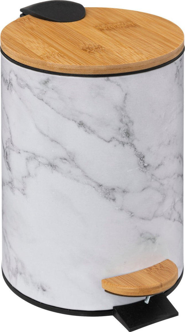 5Five Prullenbak/pedaalemmer Marmer look - wit - 3 liter - metaal/bamboe - 17 x 25 cm - soft close