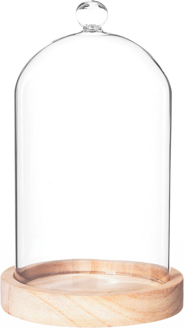 Atmosphera Home decoratie glazen stolp op houten plateau - glas/lichtbruin - D12 x H19 cm - Woonaccessoires