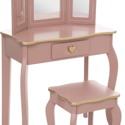 Atmosphera Kaptafel met Krukje - Make Up - Spiegels - Roze - Lade - Gouden Afwerking