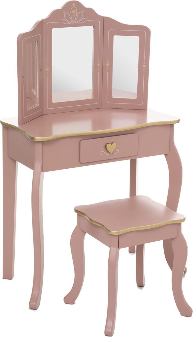 Atmosphera Kaptafel met Krukje - Make Up - Spiegels - Roze - Lade - Gouden Afwerking