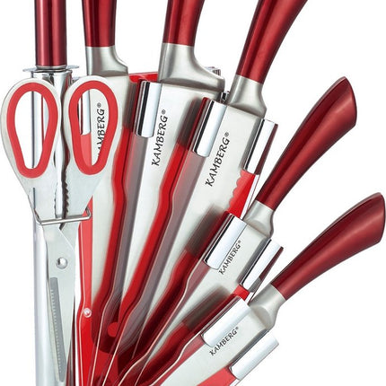 Luxe Messenset 8 delig Inclusief standaard - Keukenmessen - Rood / RVS - Incl. Messenslijper