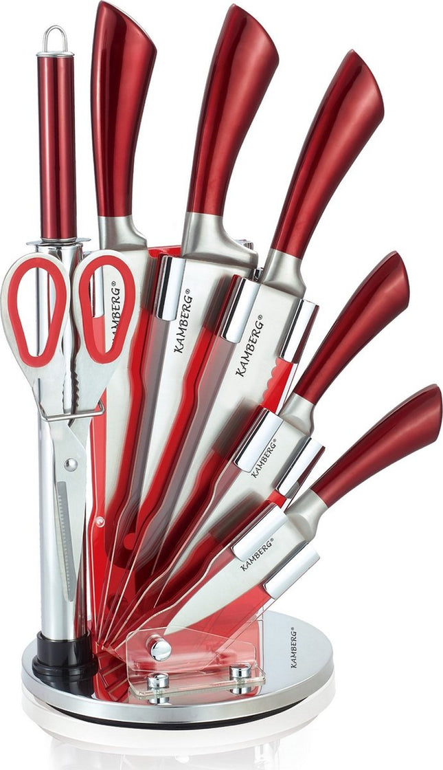 Luxe Messenset 8 delig Inclusief standaard - Keukenmessen - Rood / RVS - Incl. Messenslijper