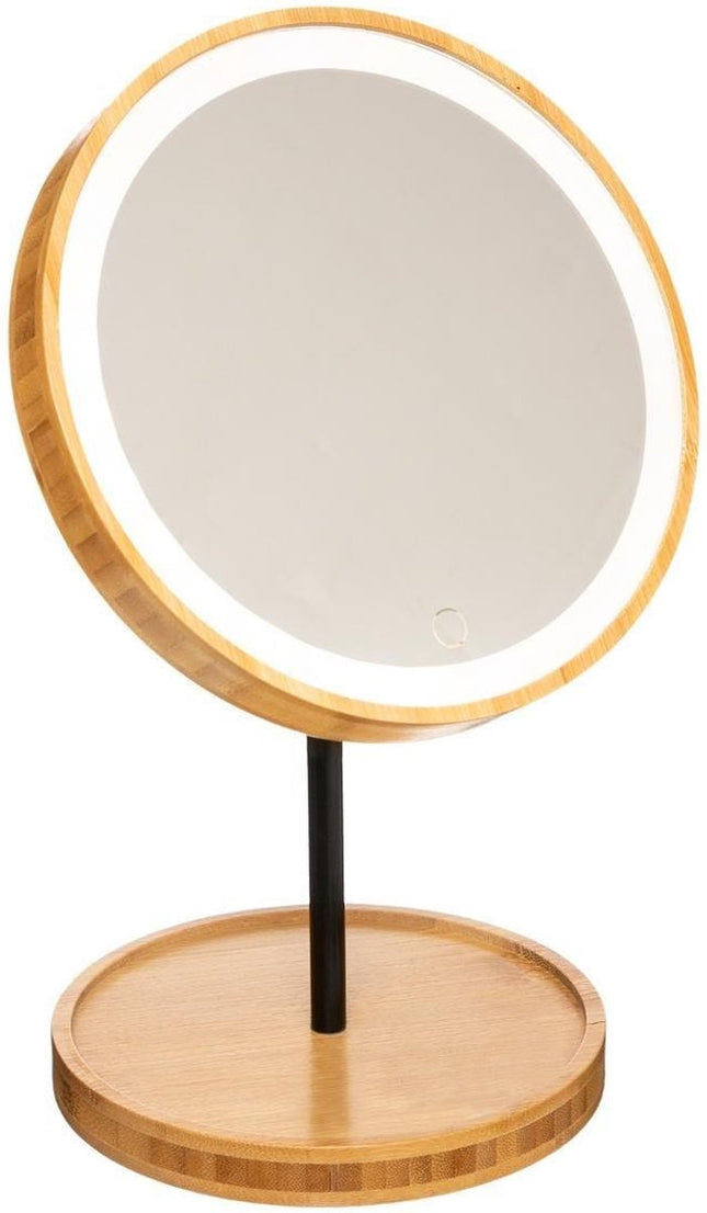 Make-up spiegel met LED verlichting bamboe 19 x 31 cm - Badkamer spiegels met licht