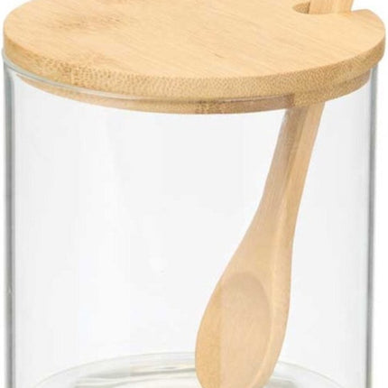 Vivalto Suikerpot Bamboo - glas/bamboe hout - transparant - 12 cm - dispenser met lepel - luxe uitvoering