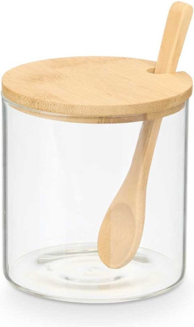Vivalto Suikerpot Bamboo - glas/bamboe hout - transparant - 12 cm - dispenser met lepel - luxe uitvoering