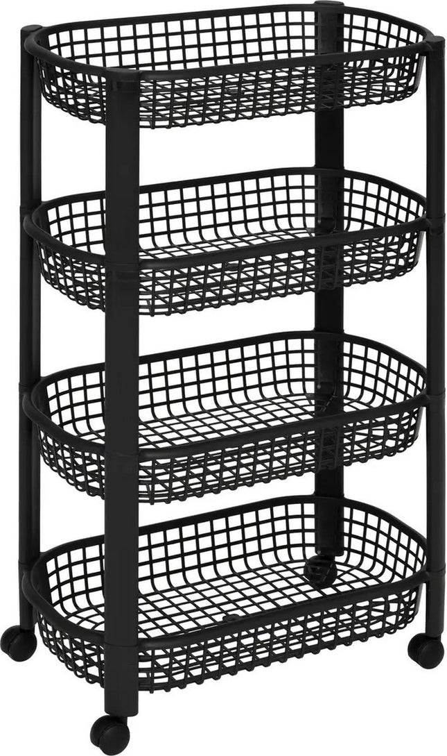5Five Keuken/badkamer trolley 4 laags - L46 x B25 x H79 cm - zwart - kunststof - met wielen - opberg mandjes/bakjes
