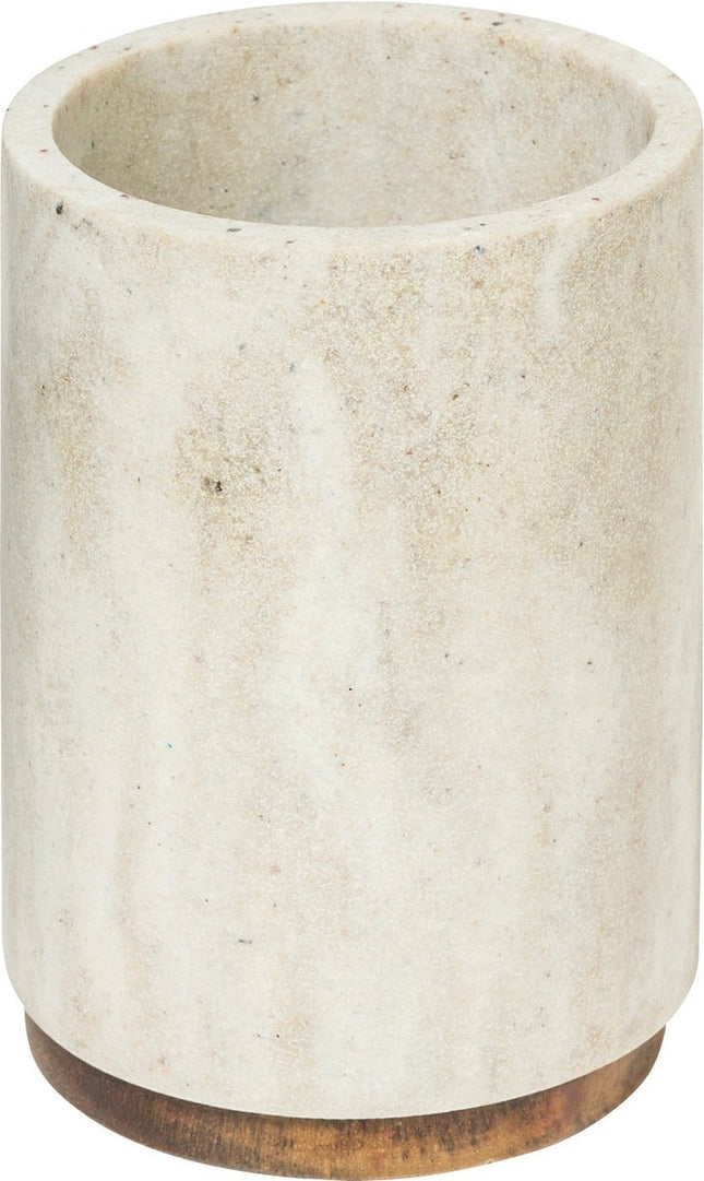 Badkamer/WC Setje 3-Delig – Zeepbakje, Tandenborstelhouder & Zeeppompje – Marmereffect Beige/Wit – Polyresin Kunststeen