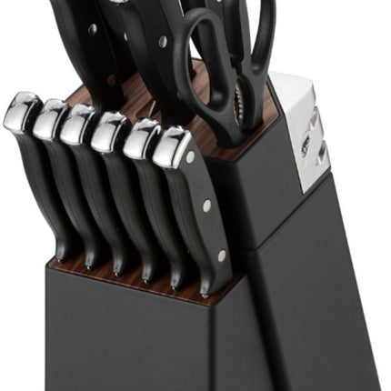 Klausberg KB-7985 13 Delig Messenset - Zwart Messenblok met Slijpstaaf - 6 Stekmessen Inclusief - Messenset met Blok - O.a. Broodmes, Koksmes, Vleesmessen en Schaar