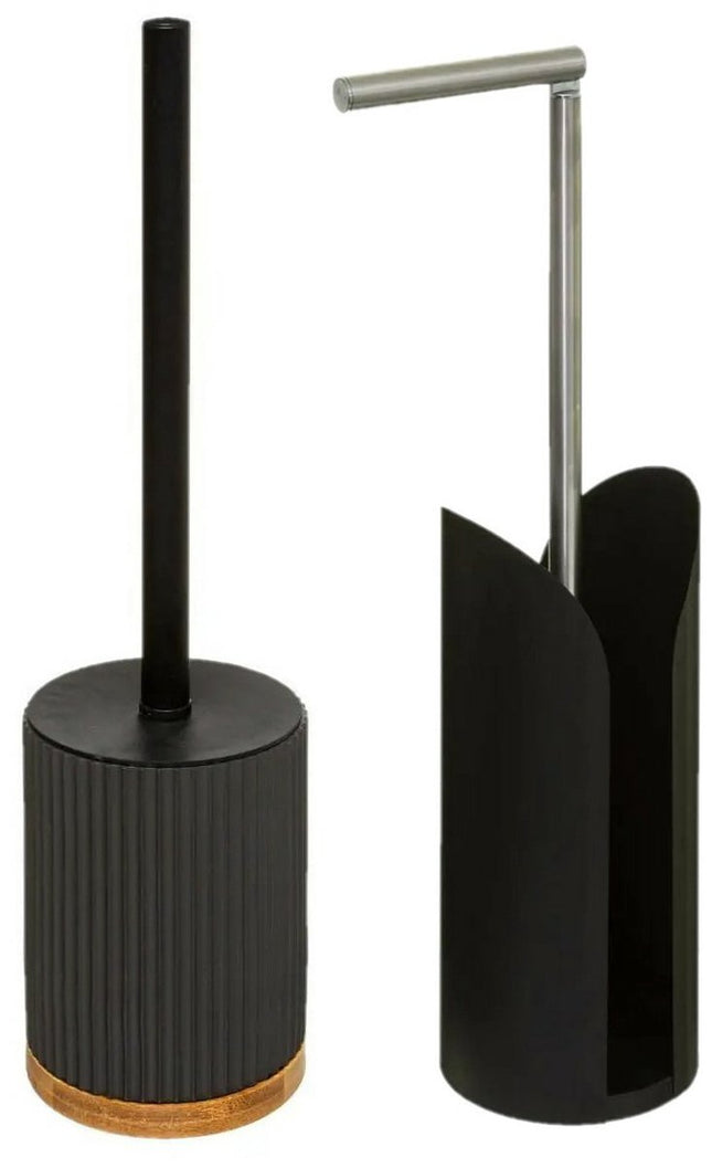 5Five - WC-borstel - Toiletborstel - met toiletrolhouder set - zwart - badkamer set - polyresin en metaal