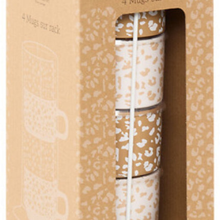 Leopardi Mokken Set van 4 - Luipaardenprint - 20 cl - 2x Caramel Bruin, 2x Wit/Beige - Kopjes voor Koffie en Thee - Panterprint - Theemokken set