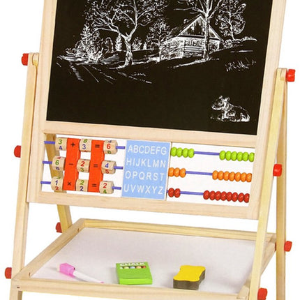 Dubbelzijdig Educatief Teken Bord 2in1 - Houten Tekenbord met Abacus, Klok en Alfabet - Wit Schoolbord en Zwart Whiteboard - Met Opbergplank