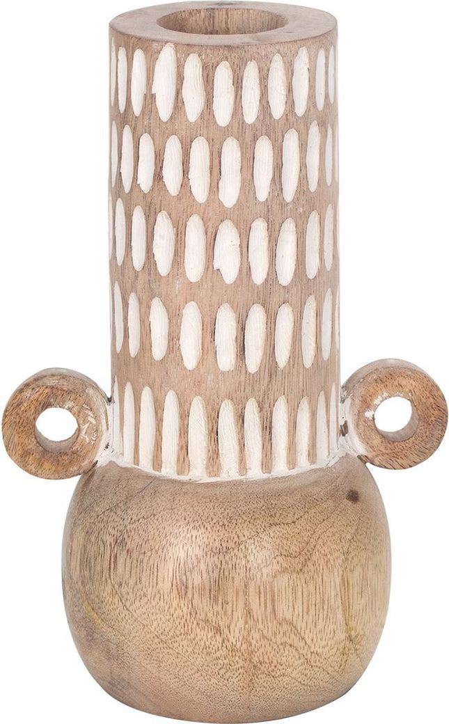 Bruine houten vaas met wit snijwerk - 20 cm