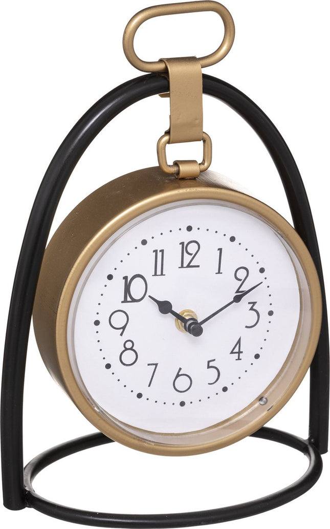 Atmosphera Tafelklok Athene - goud/zwart - H27 cm - Dia klok 18 cm - glas/metaal/mdf - op standaard