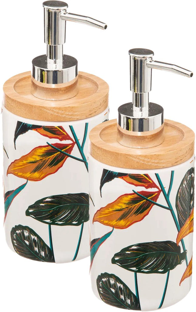 5five Zeeppompje/zeepdispenser - 2x - Palawan - wit/zilver - 280 ml - badkamer - keuken - toilet - polyresin kunststeen