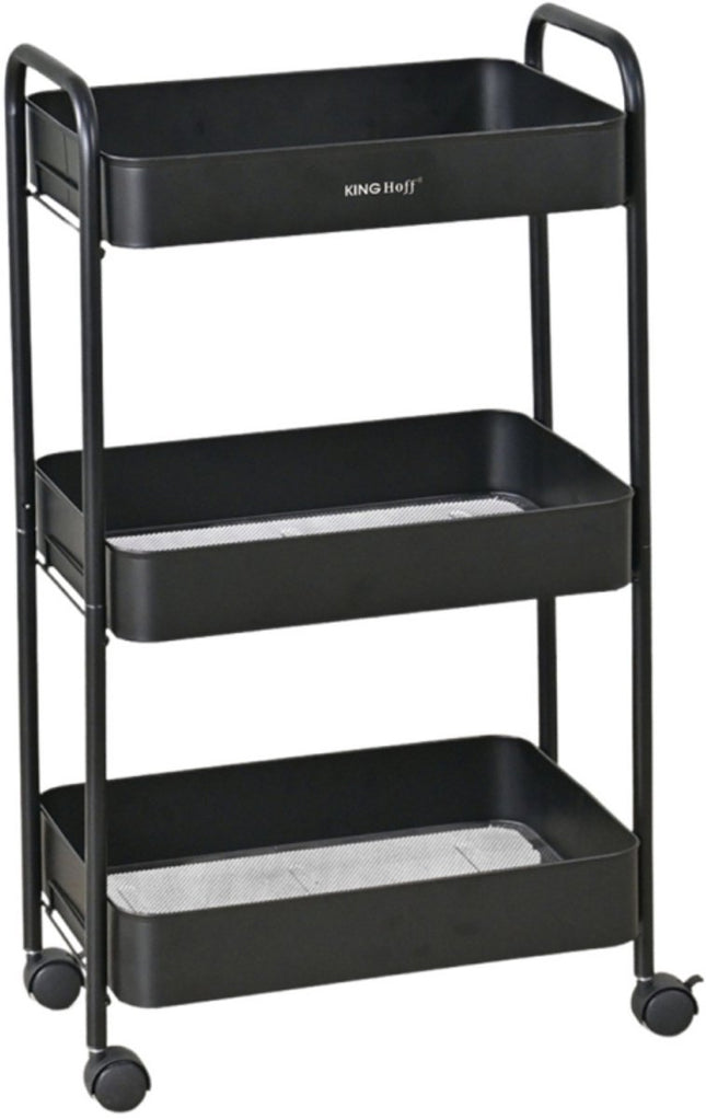 Kinghoff KH-1941 Mobiele 3-delige Stellingkar - Verrijdbare Opbergkar voor Keuken, Badkamer & Kantoor - Zwart - Keukenorganizer - Badkamerorganizer