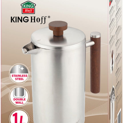 KINGHoff French Press 1 Liter – RVS 304 – Dubbelwandig – Houten Handgreep – Luxe Koffie & Thee Zetter – KH-1995