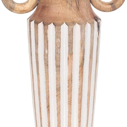 Bruine houten vaas met wit snijwerk - 29 cm