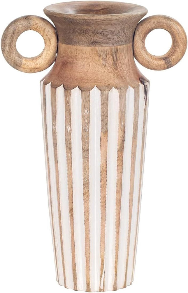 Bruine houten vaas met wit snijwerk - 29 cm