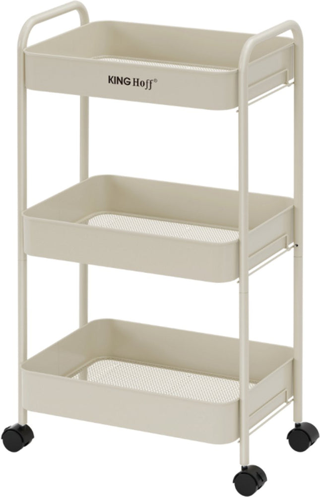 Kinghoff KH-1943 Mobiele 3-delige Stellingkar - Verrijdbare Opbergkar in Beige - Voor Keuken & Badkamer - Organizer op wieltjes - Bijzet meubel -