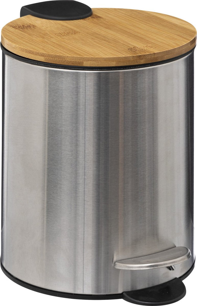 5Five Pedaalemmer - zilver/bamboe - metaal - 3L - 23 cm - soft close - voor badkamer en toilet