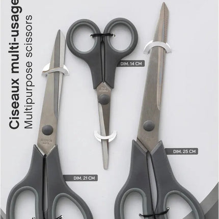 5Five Huishoud en keuken scharen set van 3x stuks - grijs - 25/21 en 14 cm - rvs metaal/kunststof - voedsel geschikt