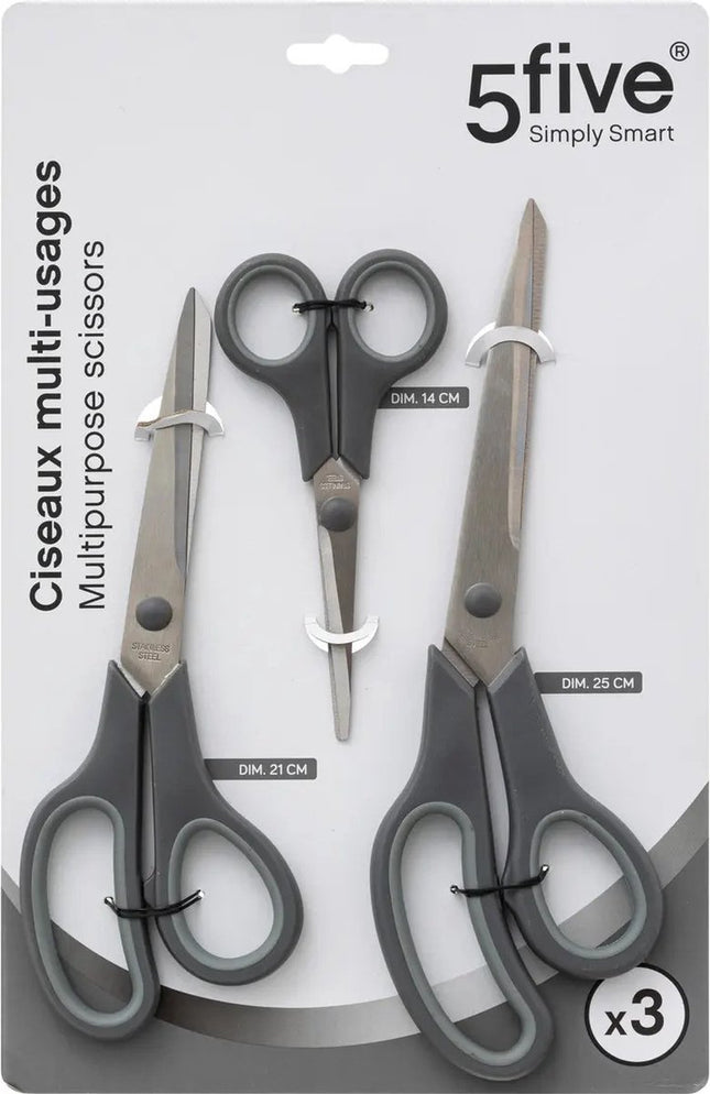 5Five Huishoud en keuken scharen set van 3x stuks - grijs - 25/21 en 14 cm - rvs metaal/kunststof - voedsel geschikt