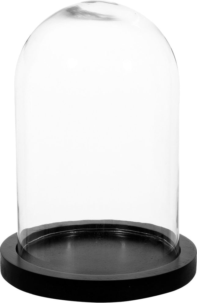 Atmosphera Home decoratie glazen stolp op houten plateau - glas/zwart - D18 x H26 cm - Woonaccessoires