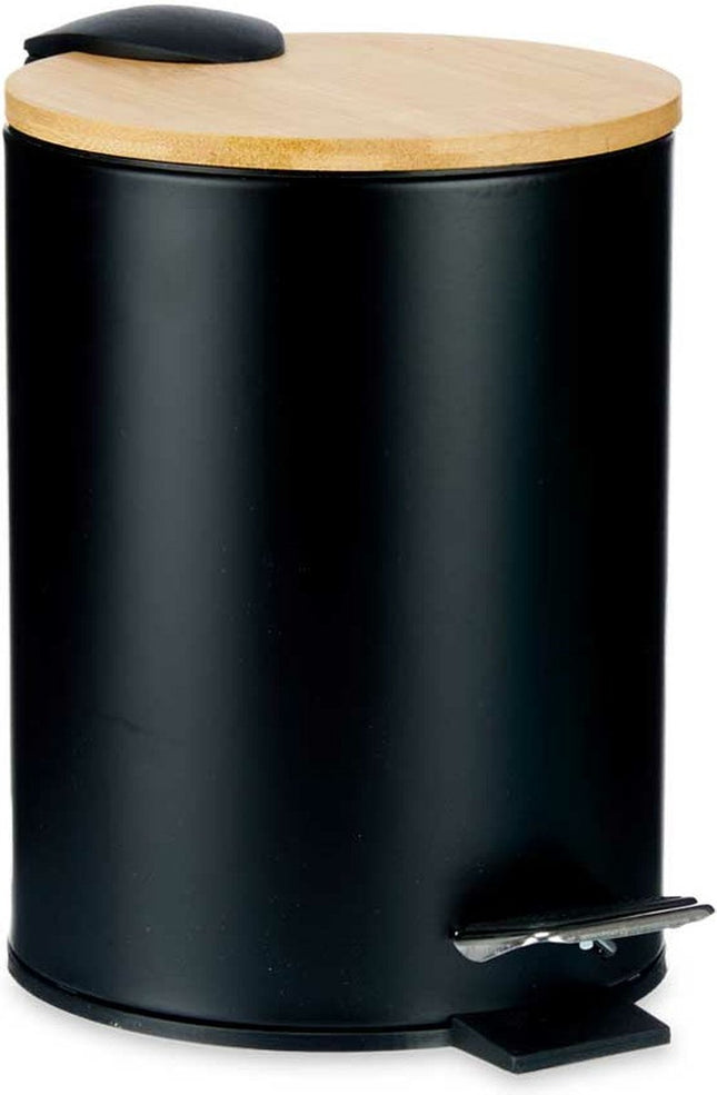 Berilo Prullenbak/pedaalemmer - zwart - 3 liter - metaal/bamboe - 17 x 23,5 cm