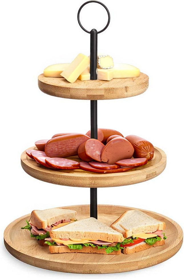 Kinvara Design Serveerplank 3 laags - D25 cm - bamboe/metaal - kaasplankje - etagiere - tapas plateau - dienblad