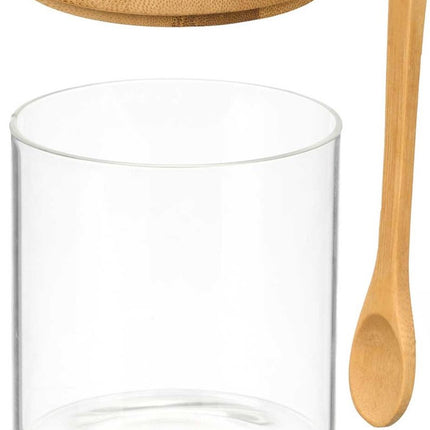 Vivalto Suikerpot Bamboo - glas/bamboe hout - transparant - 12 cm - dispenser met lepel - luxe uitvoering