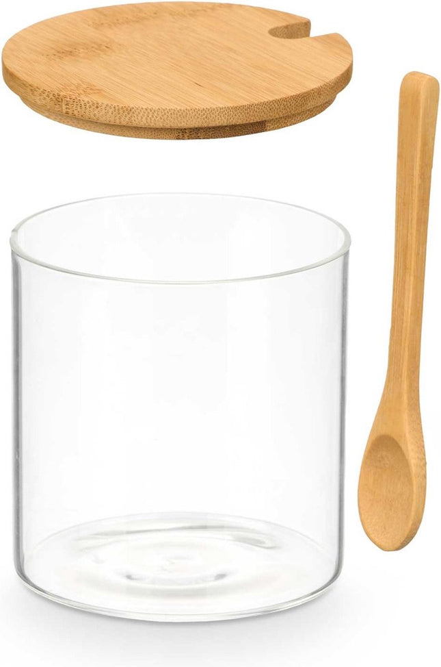 Vivalto Suikerpot Bamboo - glas/bamboe hout - transparant - 12 cm - dispenser met lepel - luxe uitvoering