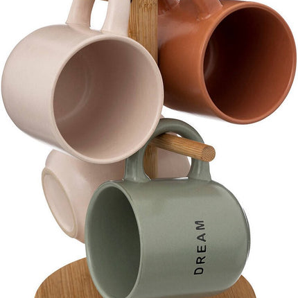 Set van 4 keramische bekers op een bamboe standaard, 240 ml