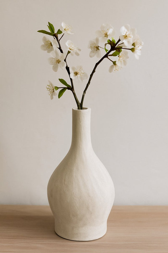 Handgemaakte Witte Keramieken Vaas 32 cm - Mat Aardewerk Vaas - Decoratieve Bloemenvaas - Bloemenhouder -