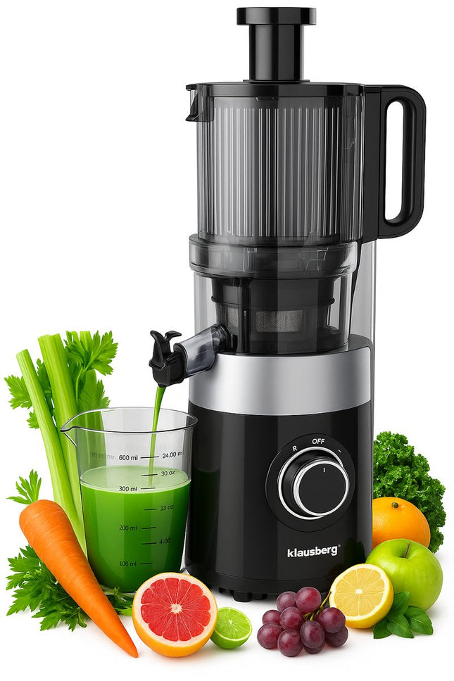 Klausberg KB-7871 Slowjuicer – Cold Press - Stille verticale juicer sapcentrifuge met brede vulopening – Fruitpers - Zwart/Zilver