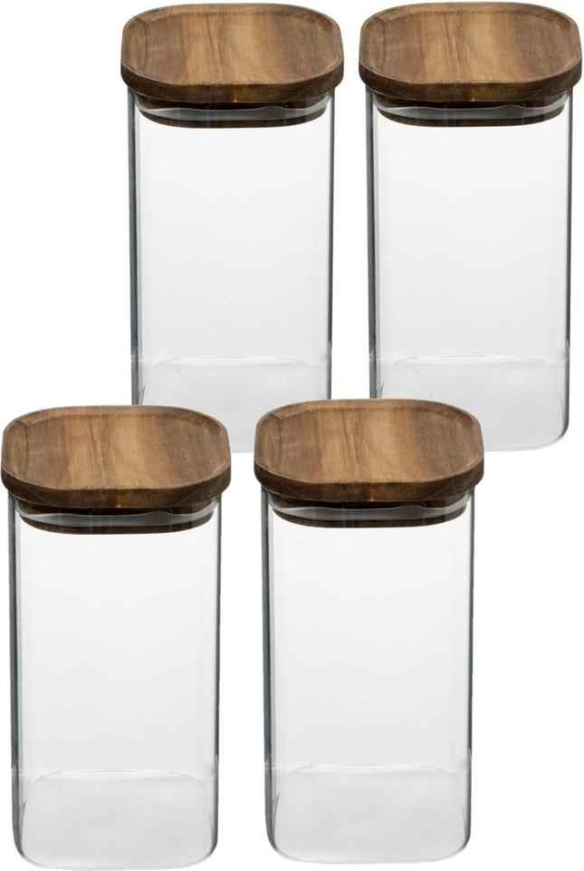 5Five Voorraadpot voedsel - 4x - glas met acacia houten deksel - 1300 ml - met luchtdichte deksel